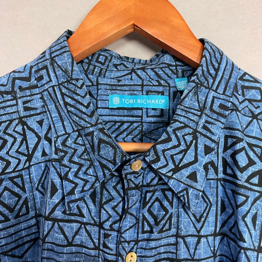 Tori Richard Aloha Shirt Men Blue Geometric 3XL Hawaiian Cotton Lawn Button-Up